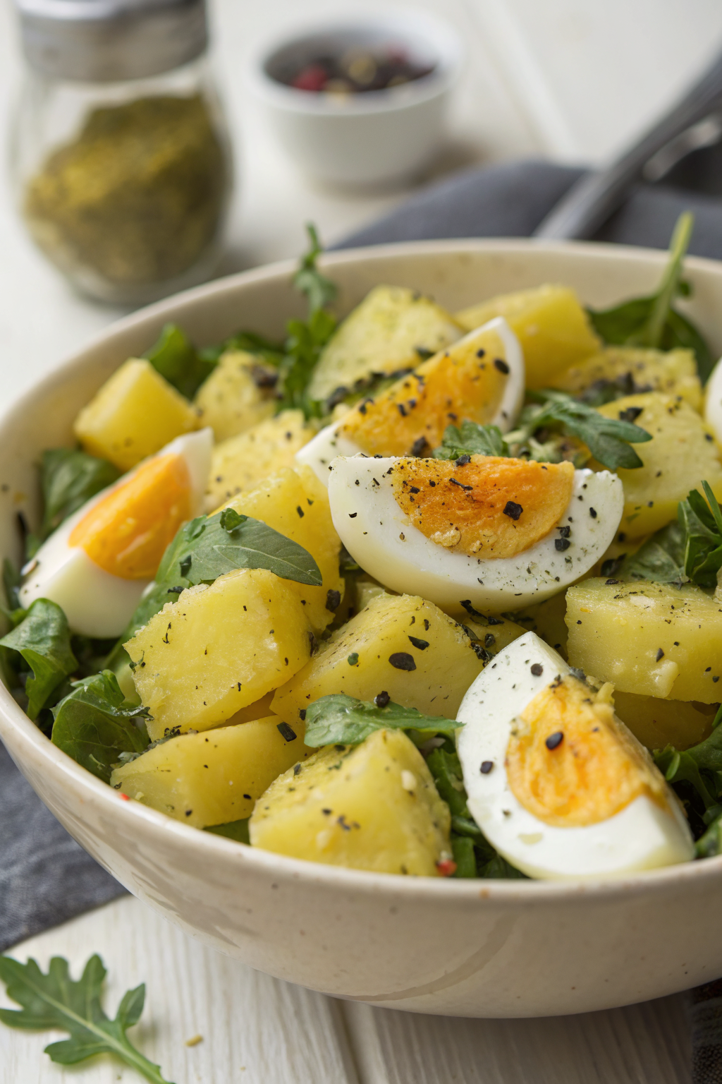 Garlic Roasted Potato Spinach Salad with Eggs