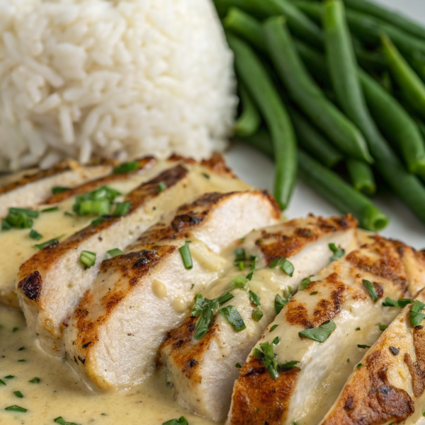Creamy Herb Chicken with Green Beans Steamed Rice