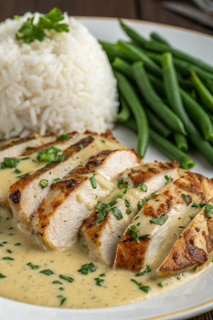 Creamy Herb Chicken with Green Beans Steamed Rice