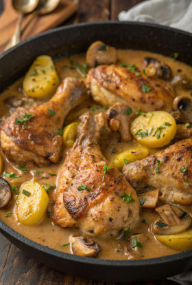 Herb Roasted Chicken in Creamy White Sauce with Mushroom and Potatoes