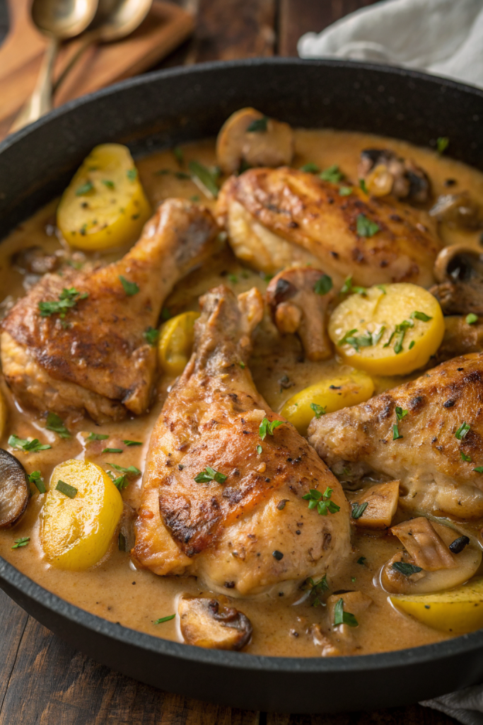 Herb Roasted Chicken in Creamy White Sauce with Mushroom and Potatoes