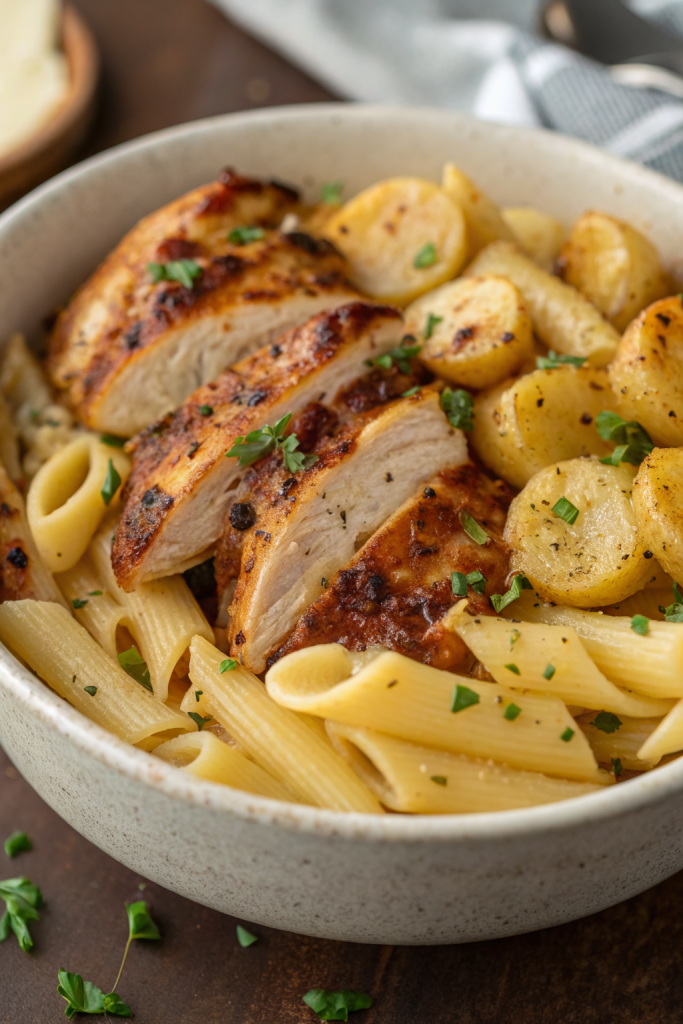 Loaded Herb Grilled Chicken with Creamy Pesto Pasta Roasted Potatoes