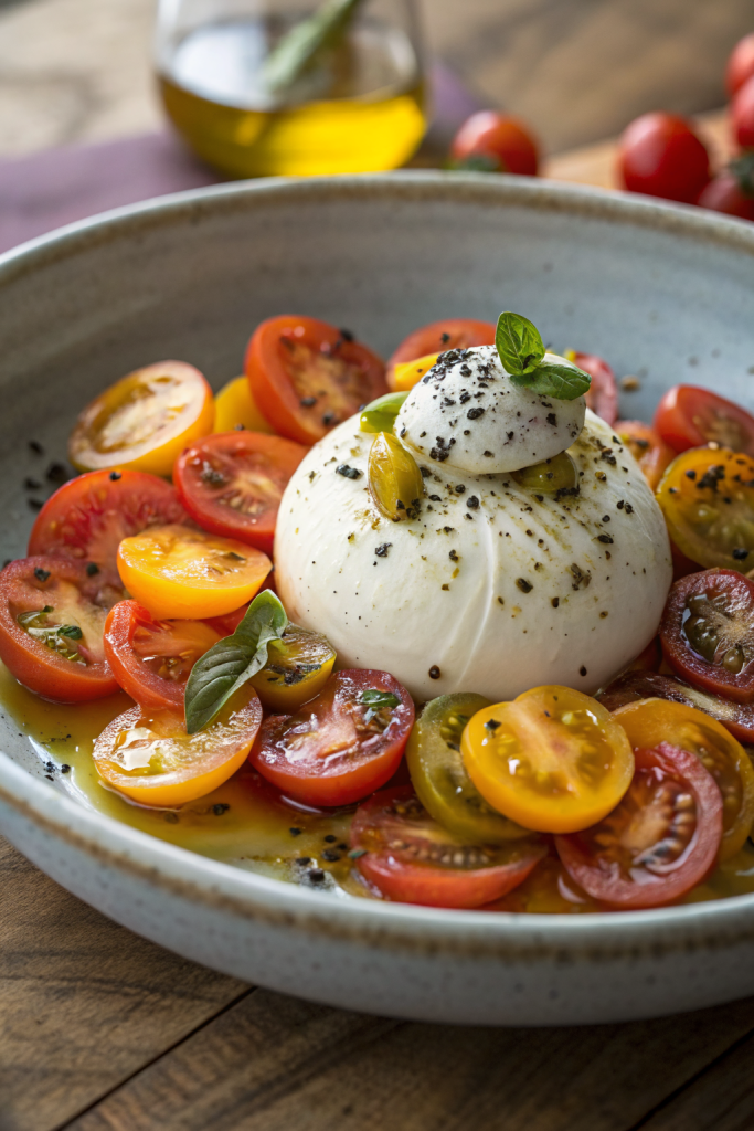 Marinated Tomato and Burrata Salad with Balsamic Glaze