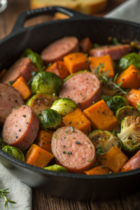 Sausage Veggies Skillet with Butternut Squash Brussels Sprouts.