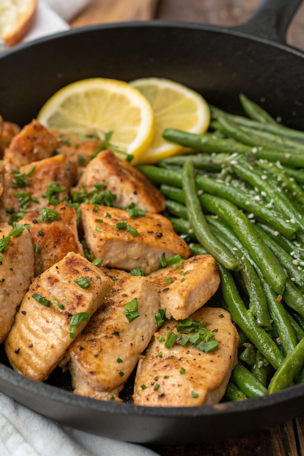 Lemon Garlic Butter Chicken Thighs with Green Beans Skille