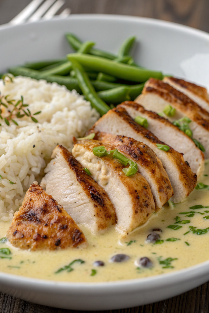 Creamy Herb Chicken with Green Beans Steamed Rice