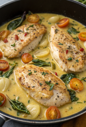 Creamy Pesto Chicken with Roasted Tomatoes Spinach