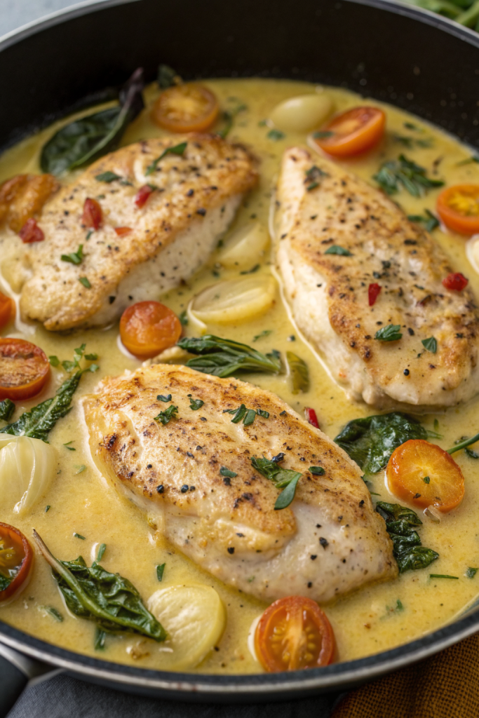Creamy Pesto Chicken with Roasted Tomatoes Spinach