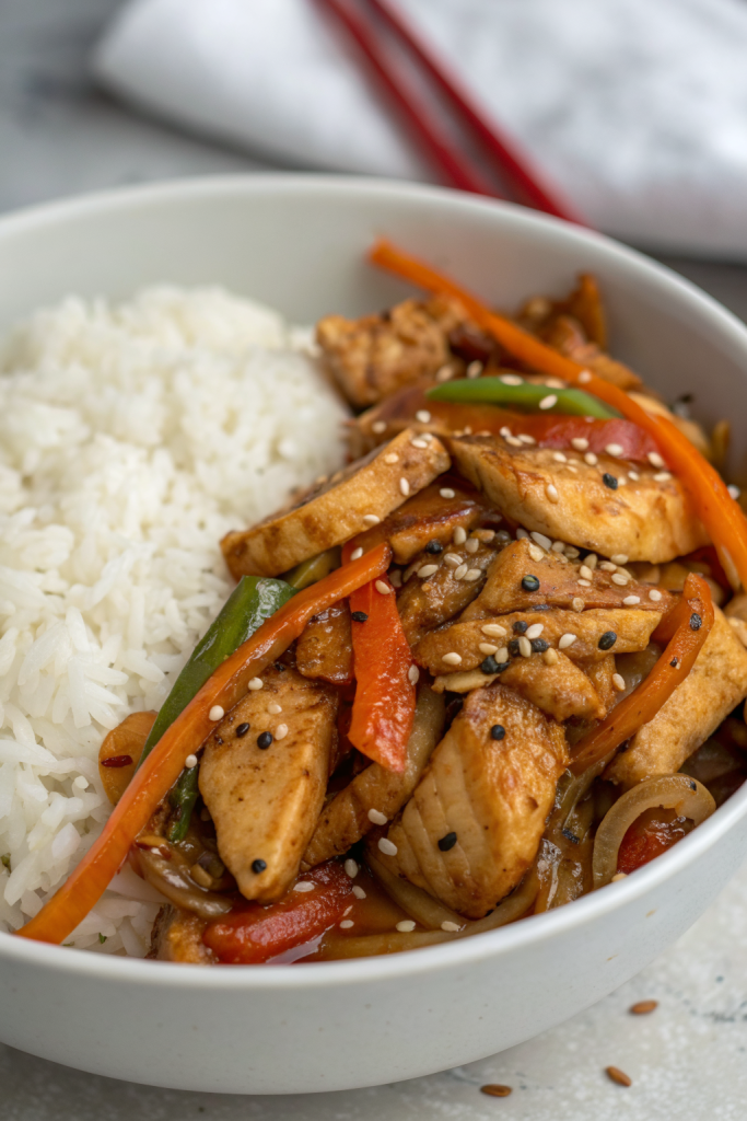 Spicy Garlic Chicken Stir-Fry with Rice
