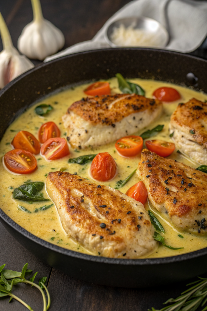 Creamy Pesto Chicken with Roasted Tomatoes & Spinach