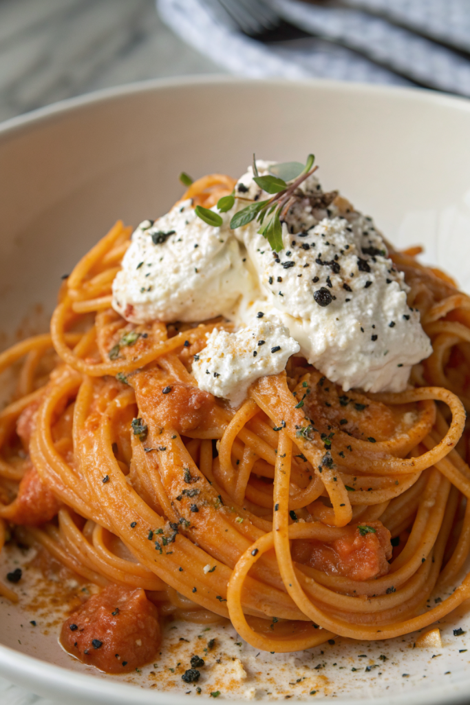 Creamy Red Pepper Pasta with Burrata and Herbs