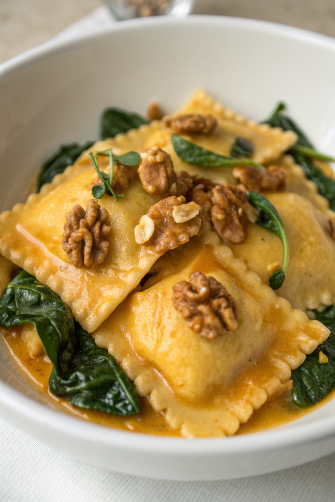 Pumpkin Pasta with Toasted Walnuts and Spinach